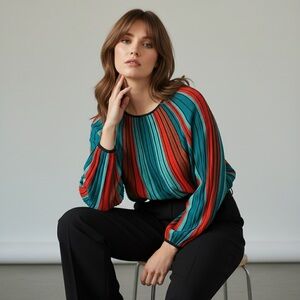 Ruby Rd. Petite L, Women's Stripe Printed Pleated Sweater.